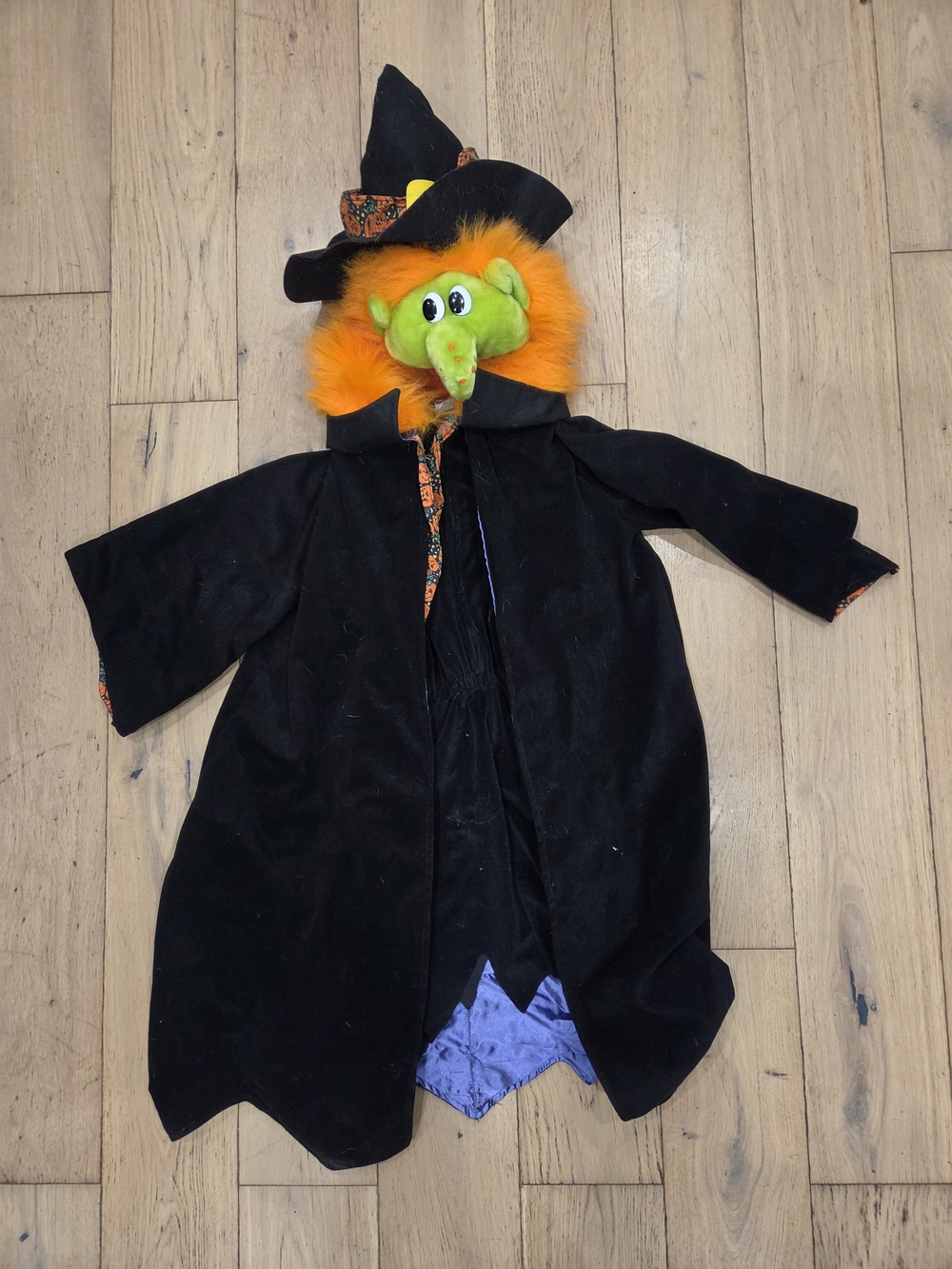 Vintage Halloween Kids Witch Costume with Orange Hair and Green Mask